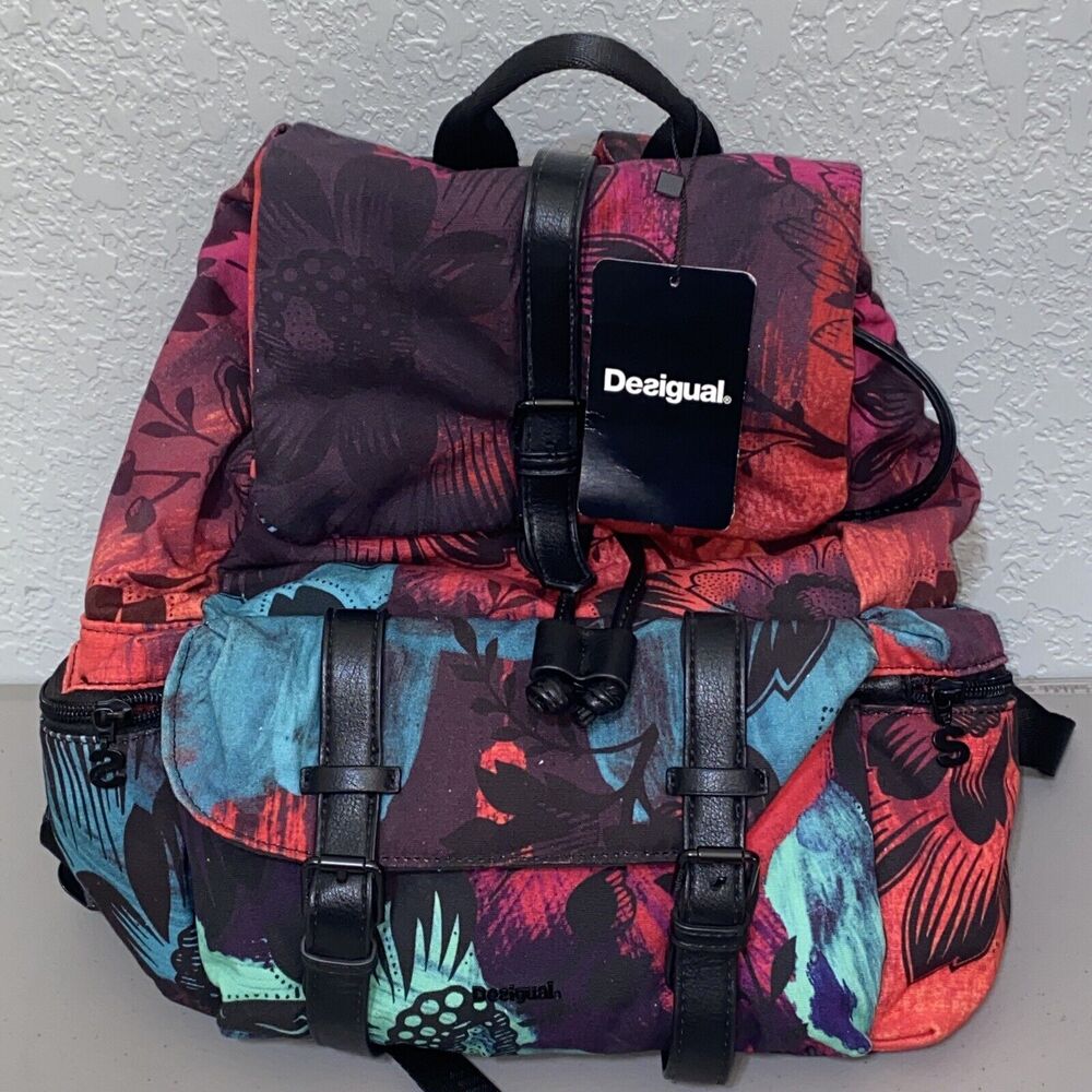 Desigual Multicolor Floral Print Backpack - Black, Red, Blue, Teal